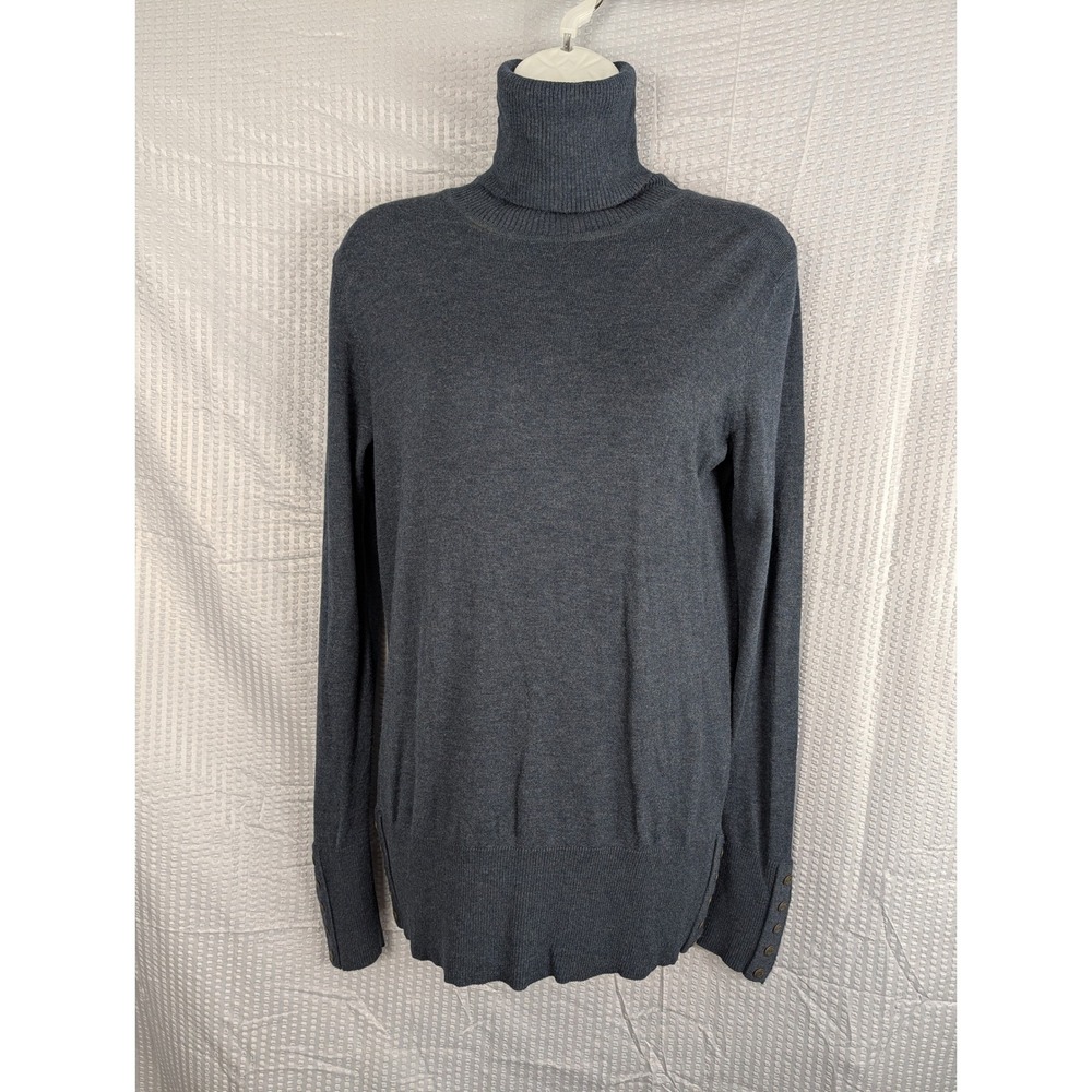 DG2 Diane Gilman Turtleneck Sweater XS Charcoal Gray Gold Button Hem Long Tunic